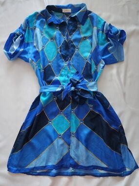 Gottex Luxury Blue Geometric Harlequin Diamond Belted Shirt Dress